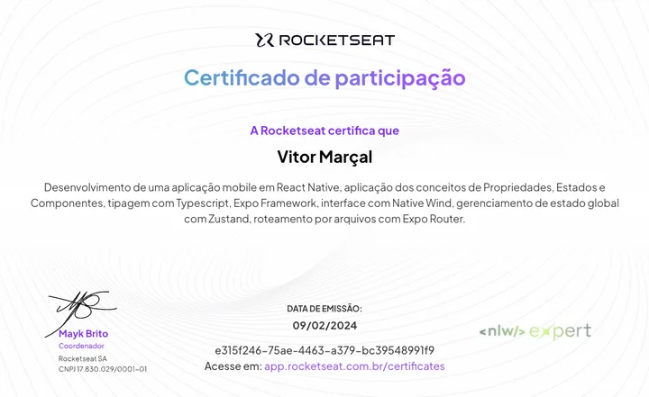 Imagem do certificado · NLW Expert · React Native