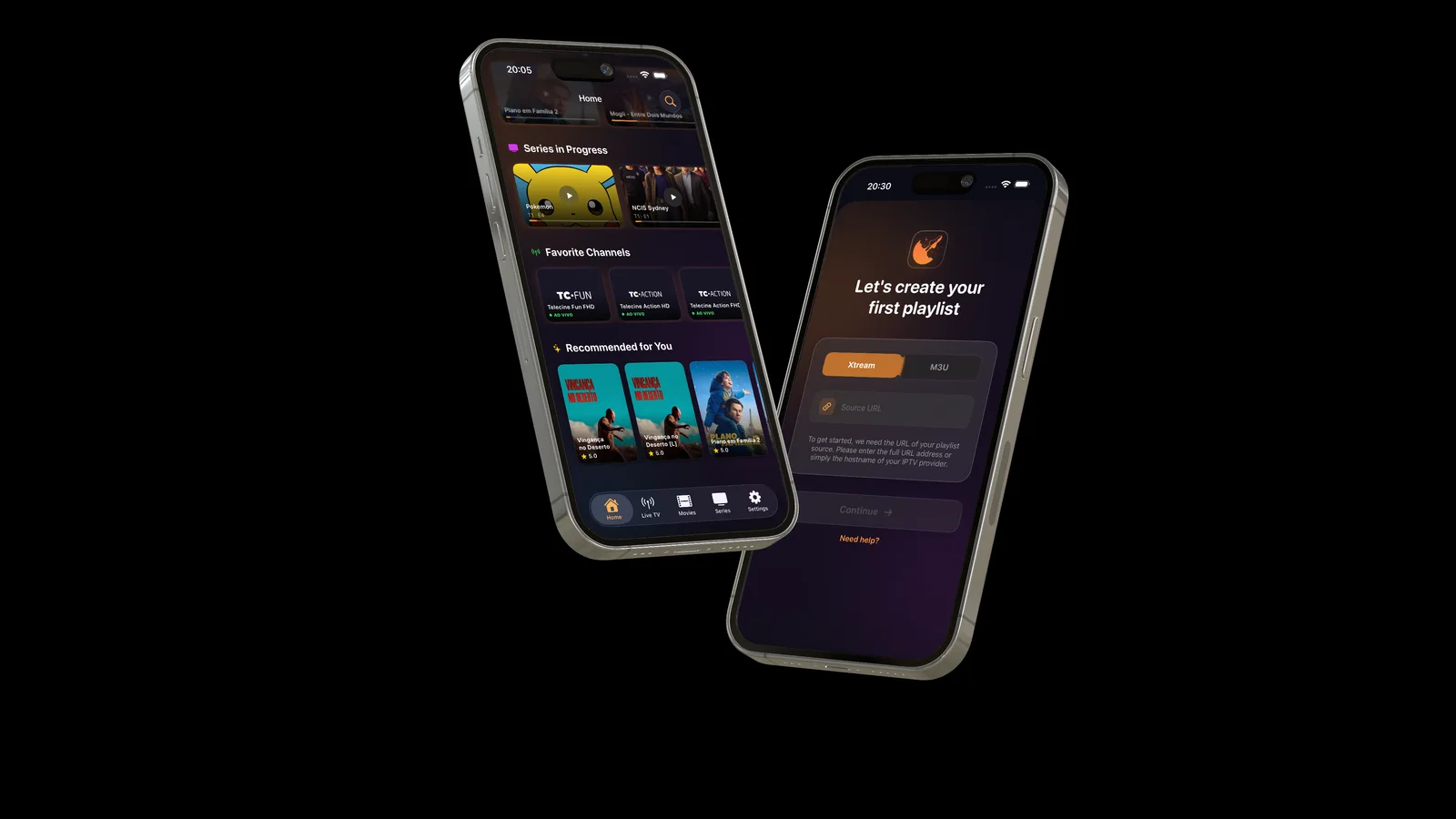 Telas de reprodução e configuração de playlists do Orbizy Play em dois iPhones